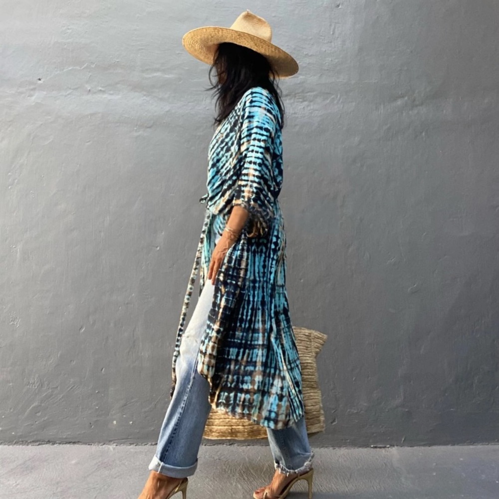 Tie Dye Boho Swim Coverup Kimono Wrap Casual Robe - Picture 3 of 10